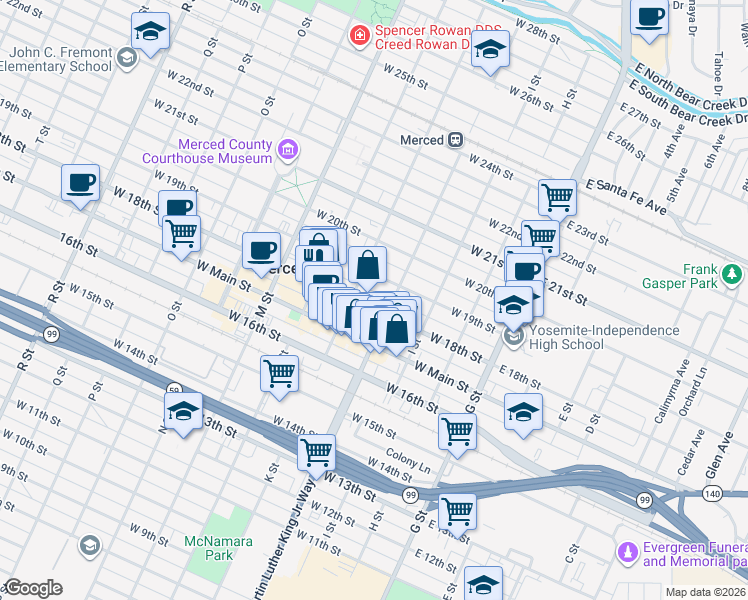 map of restaurants, bars, coffee shops, grocery stores, and more near 333 West 18th Street in Merced