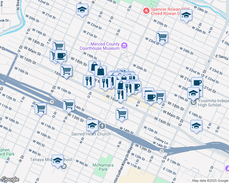 map of restaurants, bars, coffee shops, grocery stores, and more near 642 West Main Street in Merced