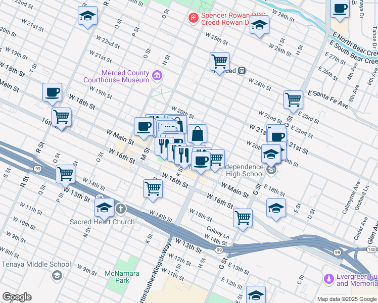 map of restaurants, bars, coffee shops, grocery stores, and more near in Merced