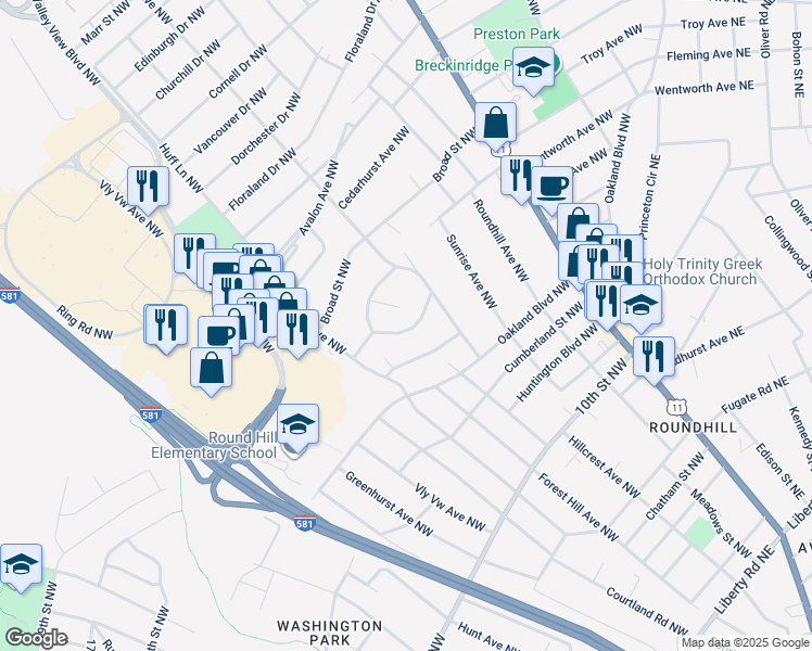 map of restaurants, bars, coffee shops, grocery stores, and more near 2528 Maycrest Street Northwest in Roanoke