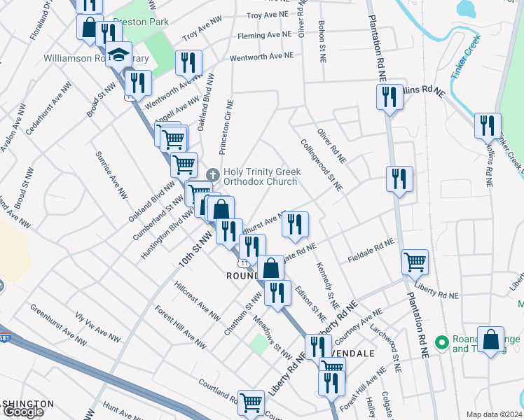 map of restaurants, bars, coffee shops, grocery stores, and more near 143 Lee Avenue Northeast in Roanoke