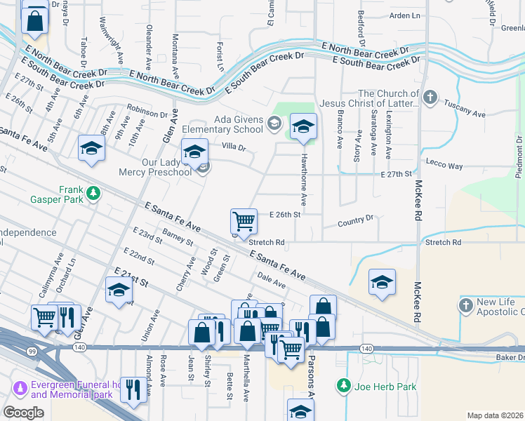map of restaurants, bars, coffee shops, grocery stores, and more near 1535 East 26th Street in Merced