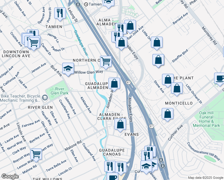 map of restaurants, bars, coffee shops, grocery stores, and more near 1821a Almaden Road in San Jose