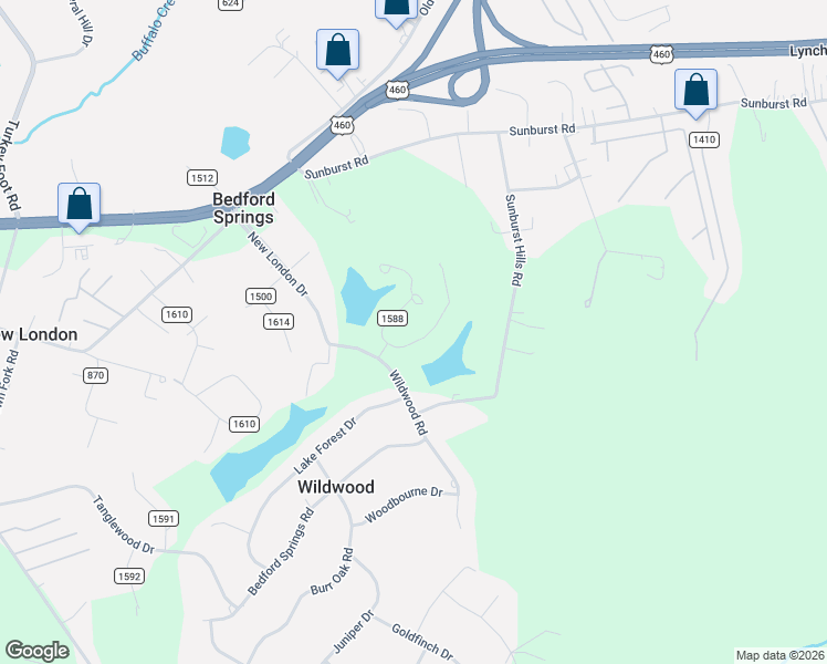 map of restaurants, bars, coffee shops, grocery stores, and more near 107 North Lake Drive in Lynchburg