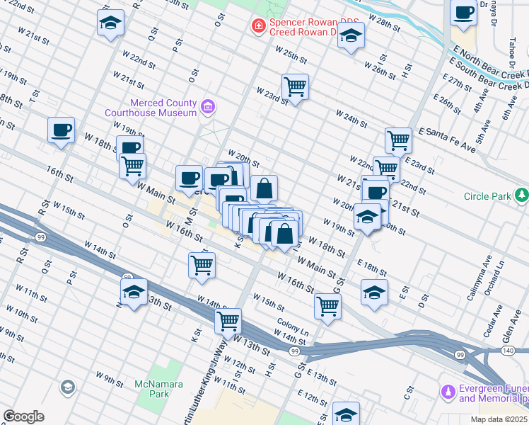 map of restaurants, bars, coffee shops, grocery stores, and more near 333 West 18th Street in Merced