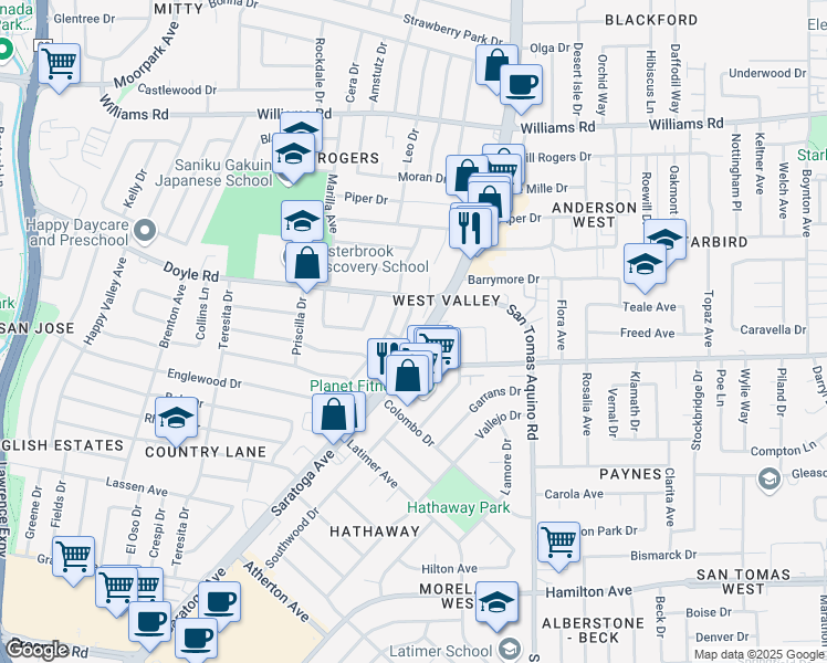 map of restaurants, bars, coffee shops, grocery stores, and more near 1255 Saratoga Avenue in San Jose