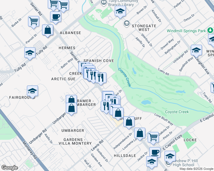 map of restaurants, bars, coffee shops, grocery stores, and more near 2664 Senter Road in San Jose