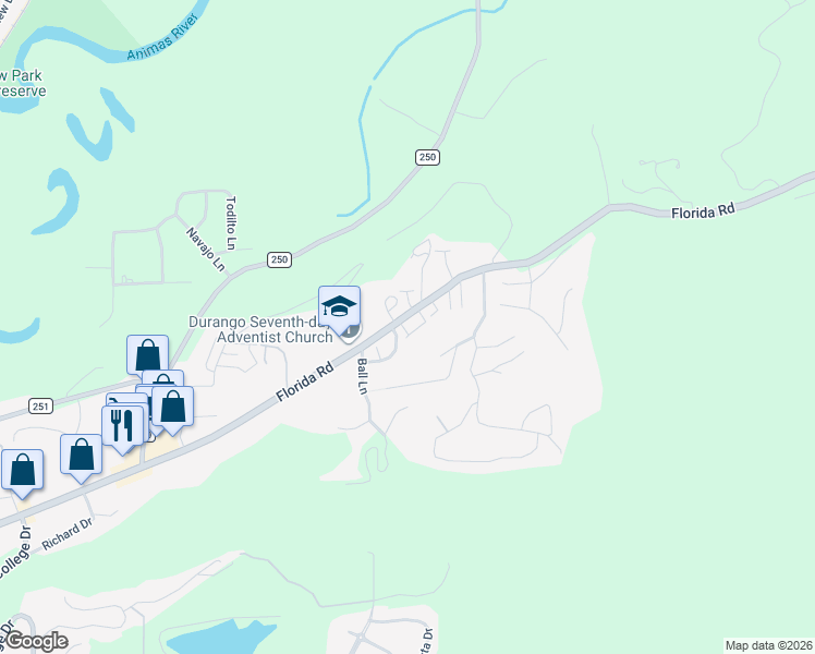 map of restaurants, bars, coffee shops, grocery stores, and more near 1900 County Road 240 in Durango