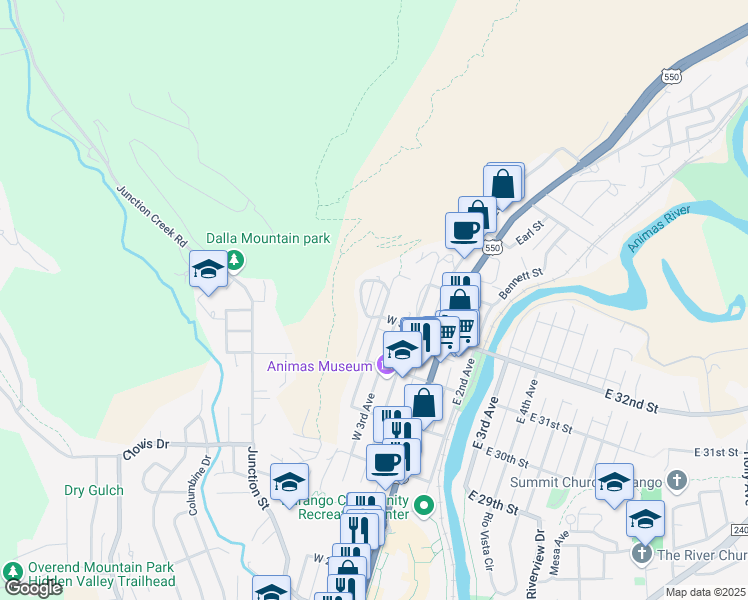 map of restaurants, bars, coffee shops, grocery stores, and more near 3200-3298 West 6th Avenue in Durango