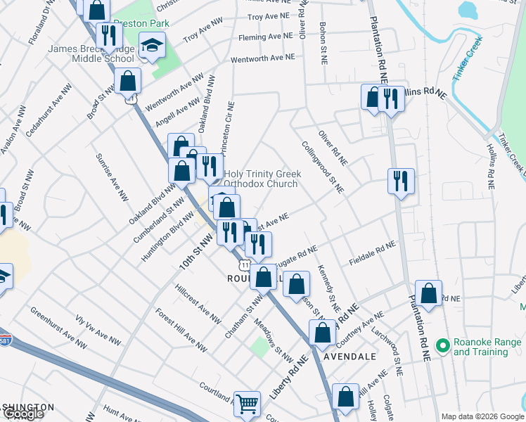map of restaurants, bars, coffee shops, grocery stores, and more near 143 Lee Avenue Northeast in Roanoke