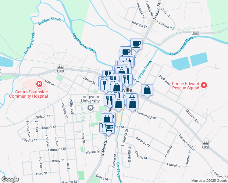 map of restaurants, bars, coffee shops, grocery stores, and more near 111 North Main Street in Farmville