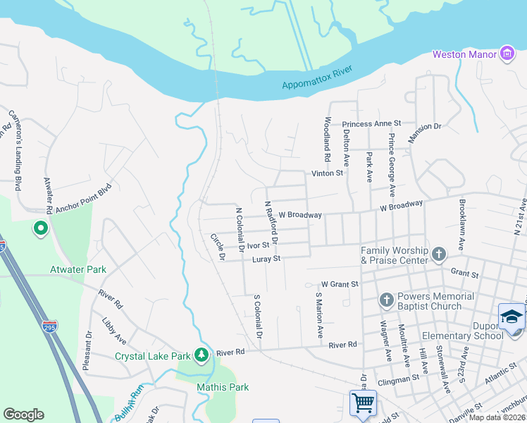 map of restaurants, bars, coffee shops, grocery stores, and more near 3401 West Broadway in Hopewell