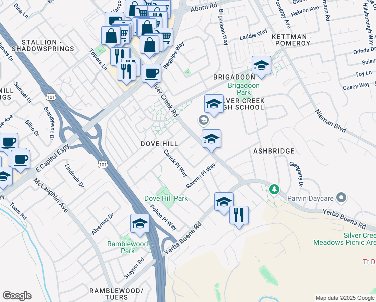 map of restaurants, bars, coffee shops, grocery stores, and more near 1549 Via Alegria Court in San Jose
