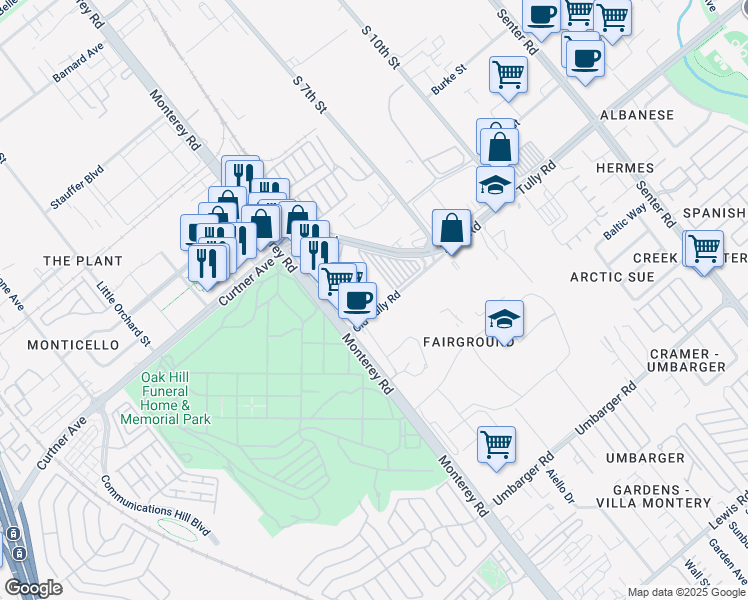 map of restaurants, bars, coffee shops, grocery stores, and more near 111 Old Tully Road in San Jose