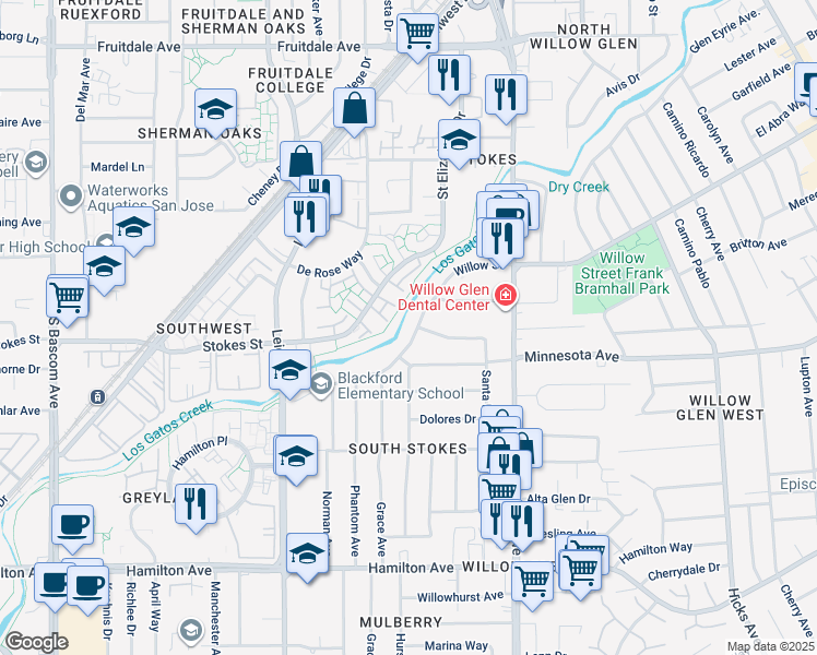 map of restaurants, bars, coffee shops, grocery stores, and more near 1751 Willow Street in San Jose