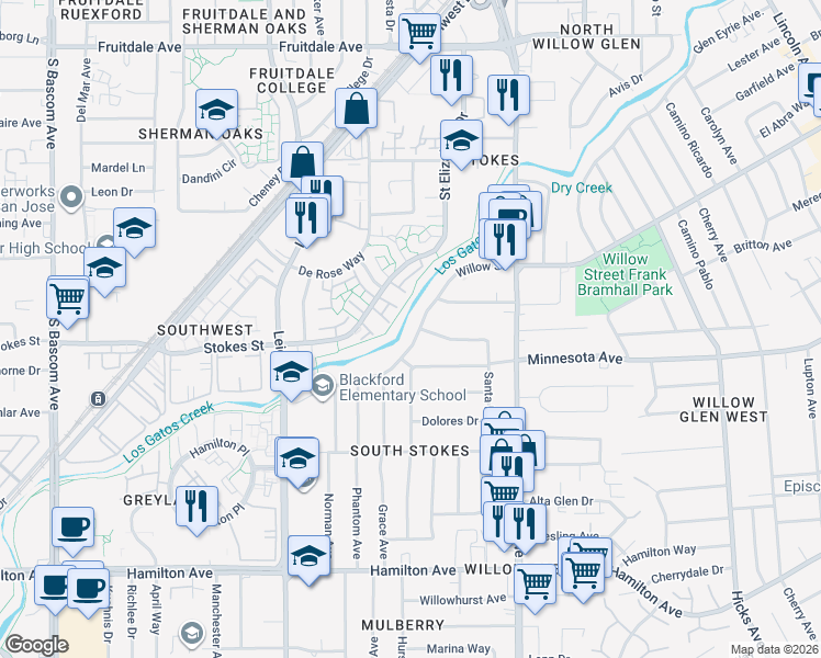 map of restaurants, bars, coffee shops, grocery stores, and more near 1751 Willow Street in San Jose
