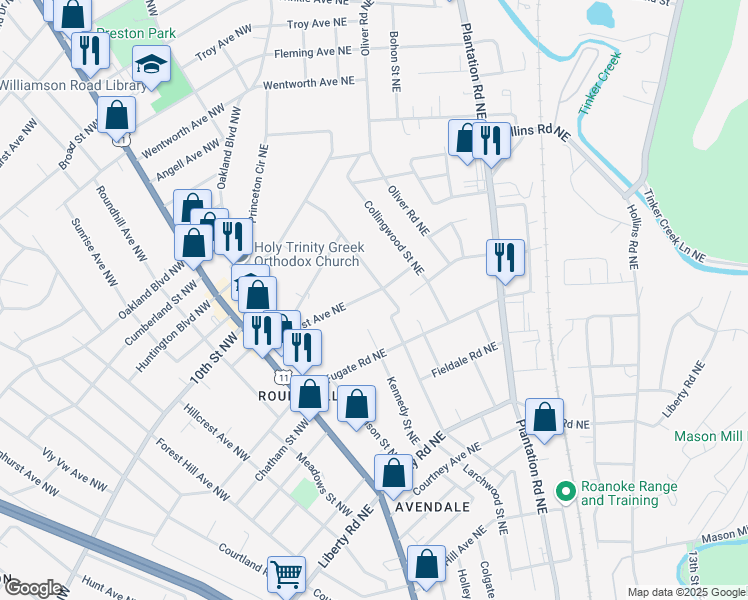 map of restaurants, bars, coffee shops, grocery stores, and more near 189 Wildhurst Avenue Northeast in Roanoke