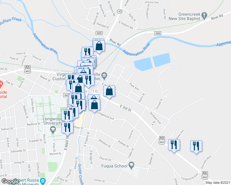 map of restaurants, bars, coffee shops, grocery stores, and more near 421 East 2nd Street in Farmville