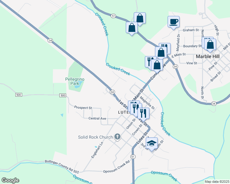 map of restaurants, bars, coffee shops, grocery stores, and more near 204 Missouri 34 in Marble Hill