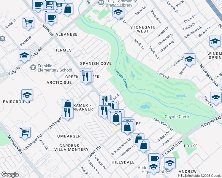 map of restaurants, bars, coffee shops, grocery stores, and more near 2701 Lone Bluff Way in San Jose