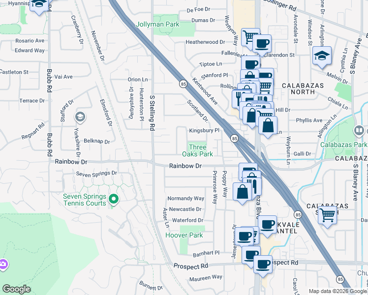 map of restaurants, bars, coffee shops, grocery stores, and more near 1185 Candlelight Way in Cupertino