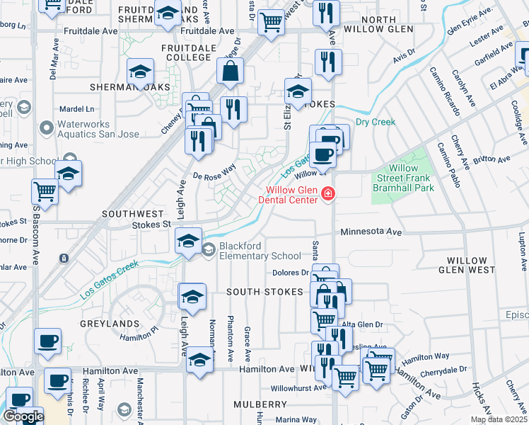 map of restaurants, bars, coffee shops, grocery stores, and more near 1751 Willow Street in San Jose