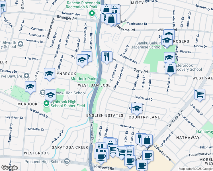 map of restaurants, bars, coffee shops, grocery stores, and more near 1291 Cordelia Avenue in San Jose