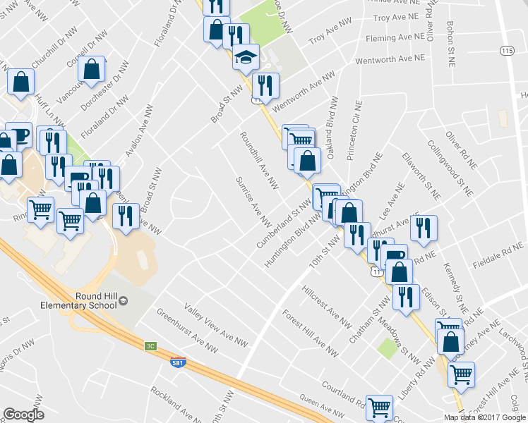 map of restaurants, bars, coffee shops, grocery stores, and more near 2806 Oakland Boulevard Northwest in Roanoke