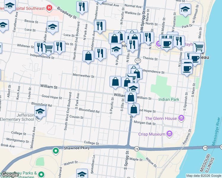 map of restaurants, bars, coffee shops, grocery stores, and more near 139 South Pacific Street in Cape Girardeau