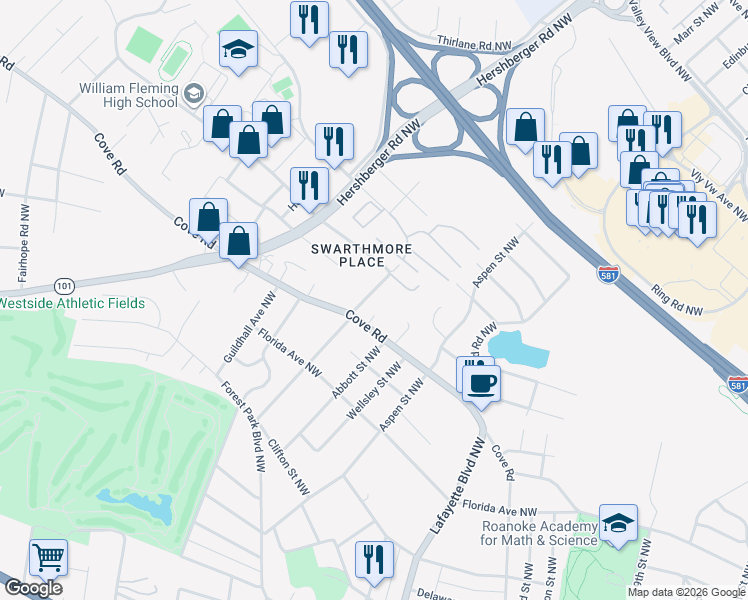 map of restaurants, bars, coffee shops, grocery stores, and more near 1619 Coveland Drive Northwest in Roanoke