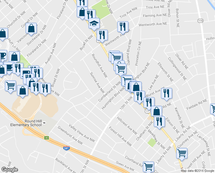 map of restaurants, bars, coffee shops, grocery stores, and more near 2821 Oakland Boulevard Northwest in Roanoke