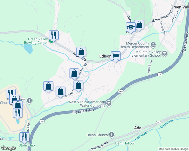 map of restaurants, bars, coffee shops, grocery stores, and more near 136 Lemay Lane in Bluefield