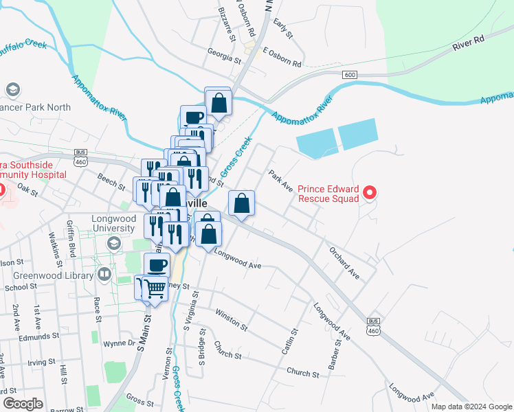 map of restaurants, bars, coffee shops, grocery stores, and more near 423 East 2nd Street in Farmville