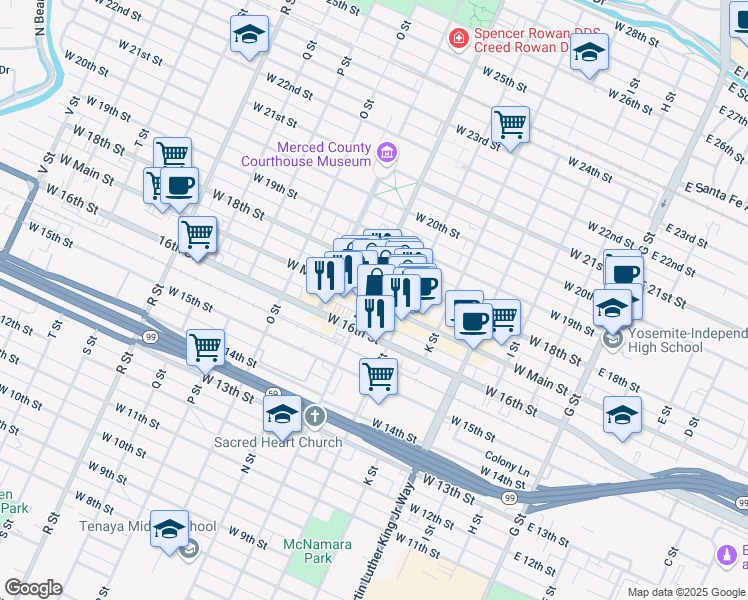 map of restaurants, bars, coffee shops, grocery stores, and more near 557 West Main Street in Merced