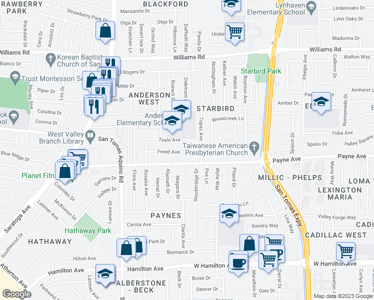 map of restaurants, bars, coffee shops, grocery stores, and more near 3928 Teale Avenue in San Jose
