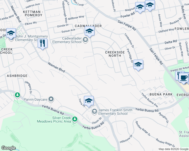 map of restaurants, bars, coffee shops, grocery stores, and more near 4190 Cadwallader Avenue in San Jose