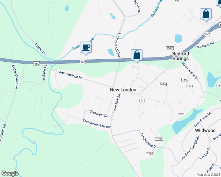 map of restaurants, bars, coffee shops, grocery stores, and more near 672 Alum Springs Road in Forest