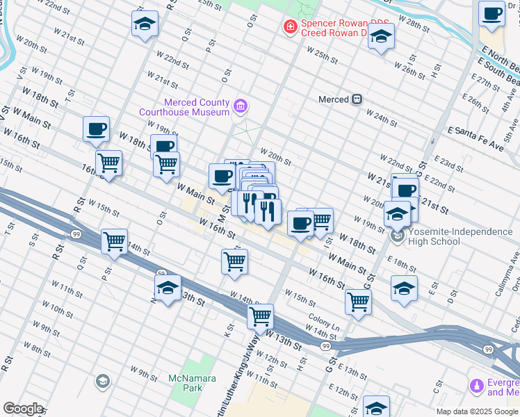 map of restaurants, bars, coffee shops, grocery stores, and more near 1730 Canal Street in Merced