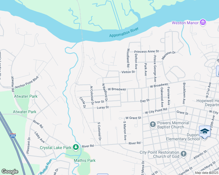 map of restaurants, bars, coffee shops, grocery stores, and more near 3311 West Broadway in Hopewell