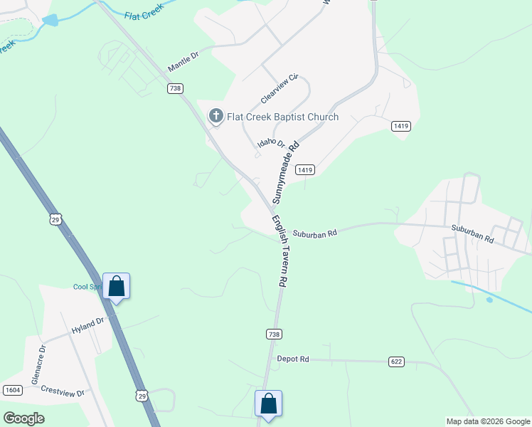 map of restaurants, bars, coffee shops, grocery stores, and more near 1298 English Tavern Road in Lynchburg