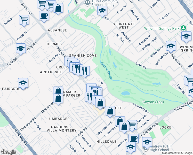 map of restaurants, bars, coffee shops, grocery stores, and more near 2697 Lone Bluff Way in San Jose