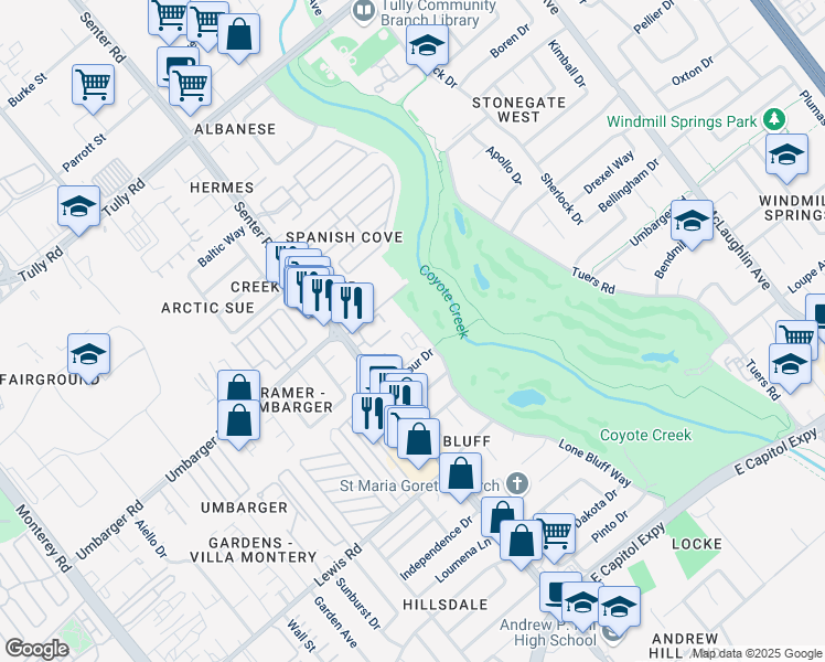 map of restaurants, bars, coffee shops, grocery stores, and more near 2675 Lone Bluff Way in San Jose