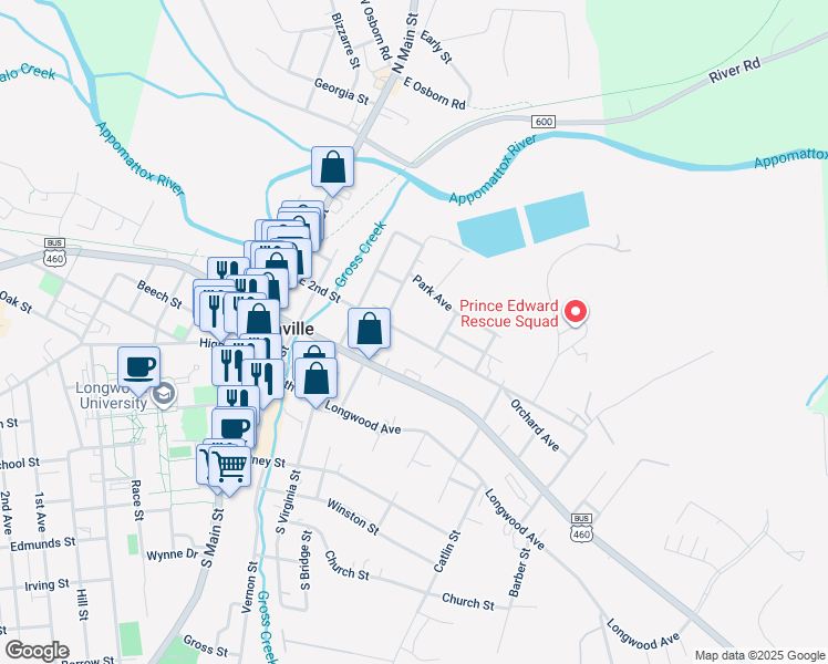 map of restaurants, bars, coffee shops, grocery stores, and more near 412 East 2nd Street in Farmville