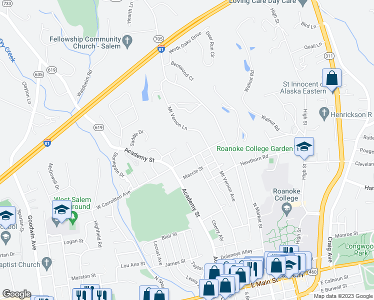 map of restaurants, bars, coffee shops, grocery stores, and more near 815 North Broad Street in Salem