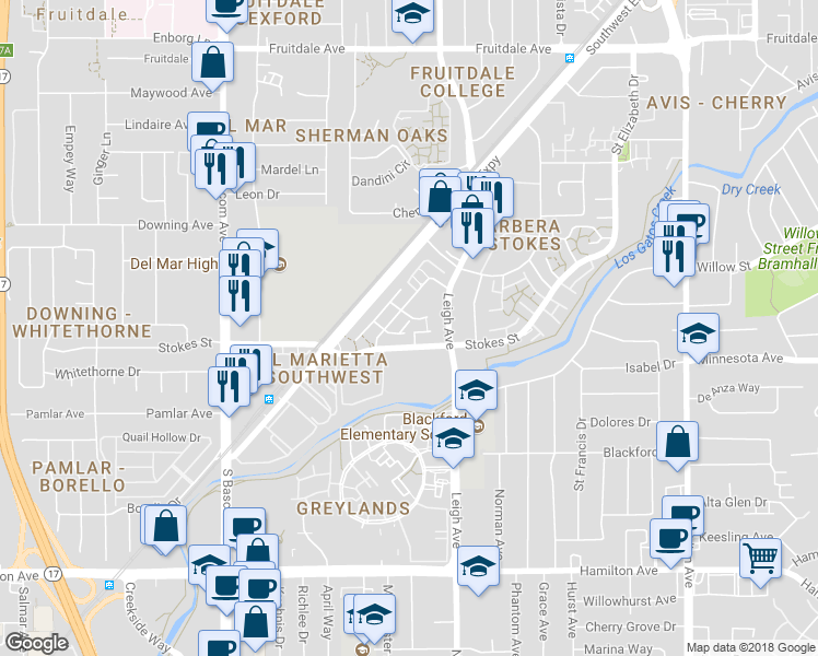 map of restaurants, bars, coffee shops, grocery stores, and more near 1780 De Marietta Court in San Jose