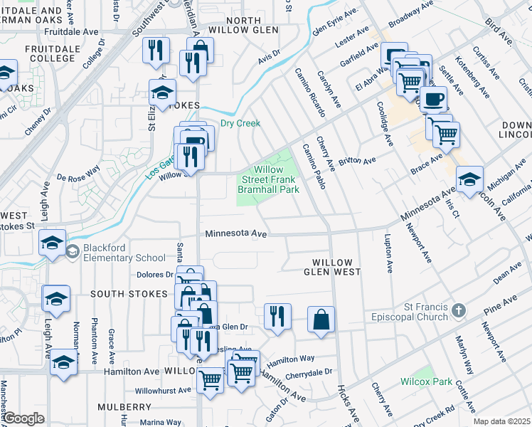 map of restaurants, bars, coffee shops, grocery stores, and more near 1336 Weaver Dr in San Jose