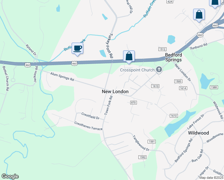 map of restaurants, bars, coffee shops, grocery stores, and more near 593 Alum Springs Road in Lynchburg