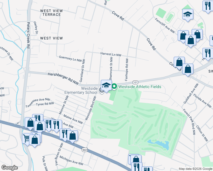 map of restaurants, bars, coffee shops, grocery stores, and more near 3828 Hershberger Road Northwest in Roanoke