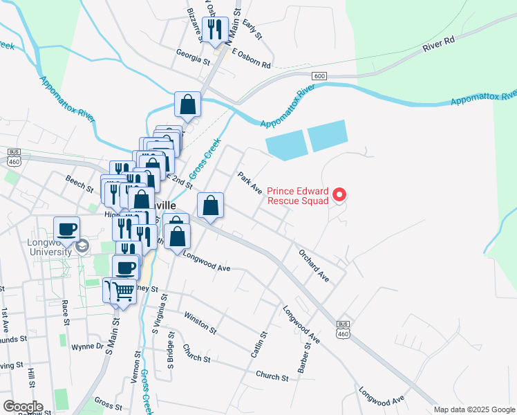 map of restaurants, bars, coffee shops, grocery stores, and more near 399 Watson St in Farmville
