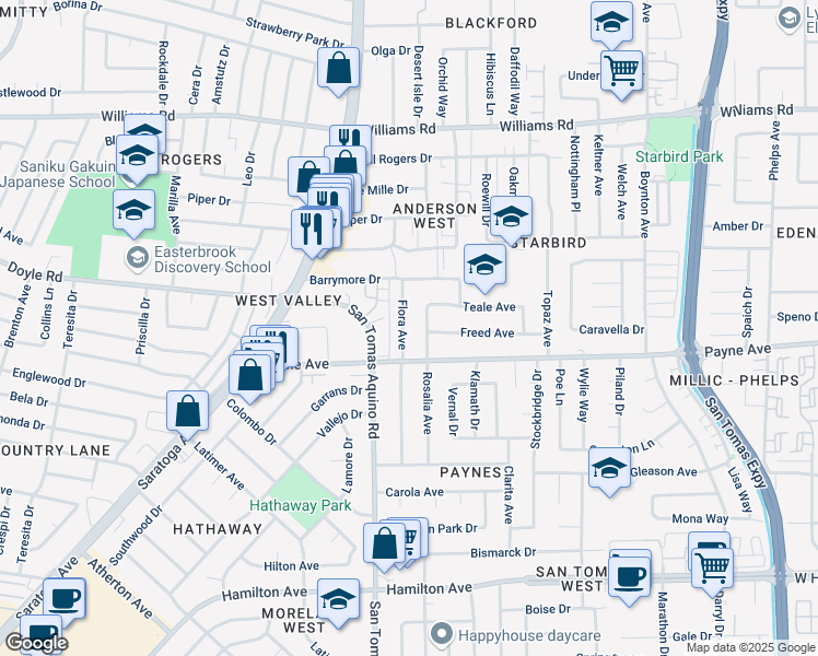 map of restaurants, bars, coffee shops, grocery stores, and more near 1258 Flora Avenue in San Jose